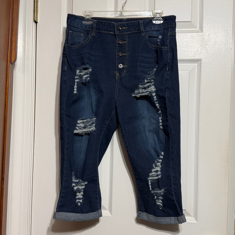 Dark Wash Distressed Button-Fly Capris